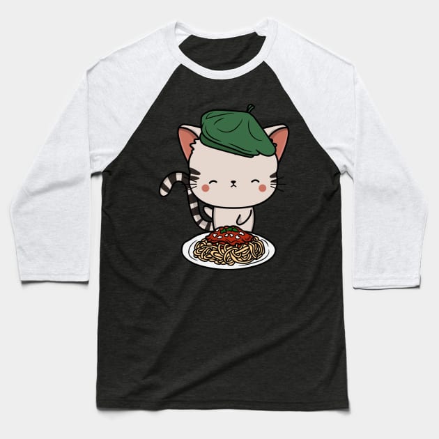 Cat eating Spaghetti - Tabby Cat Baseball T-Shirt by Pet Station